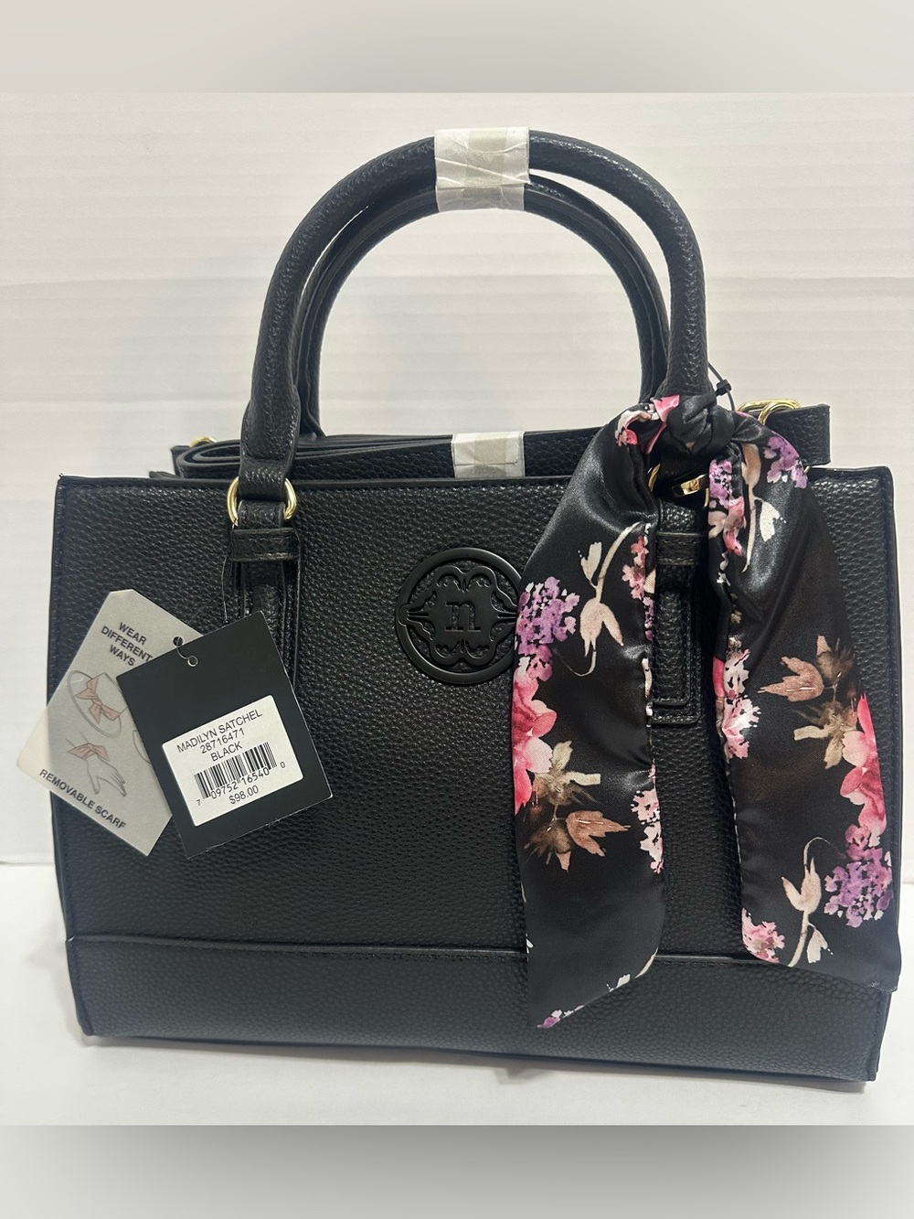 Nanette Lepore black vegan leather satchel with a removable floral scarf. NWT